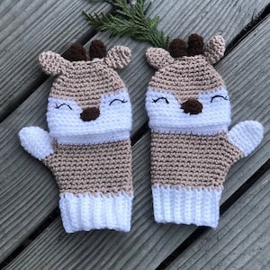 Crochet pattern convertible mittens fawn (3 sizes child - adult)