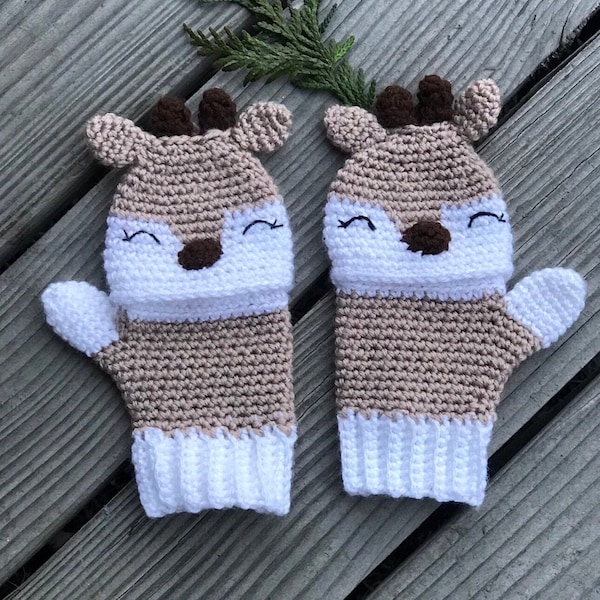 Crochet pattern convertible mittens fawn (3 sizes child - adult)