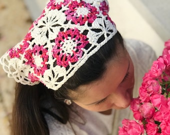 Crochet pattern floral bandana, lace crochet bandana, pdf pattern for multicolor summer bandana