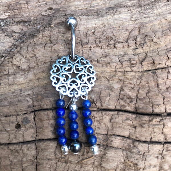 Percing nombril mandala acier chirurgical, Lapis Lazuli et Hématite