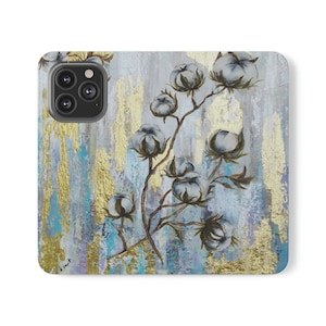 flores de algodão com um toque de capa de telefone flip funcional dourada | Arte original de Anna Levit | Capa fólio para iPhone e Samsung. Carteira