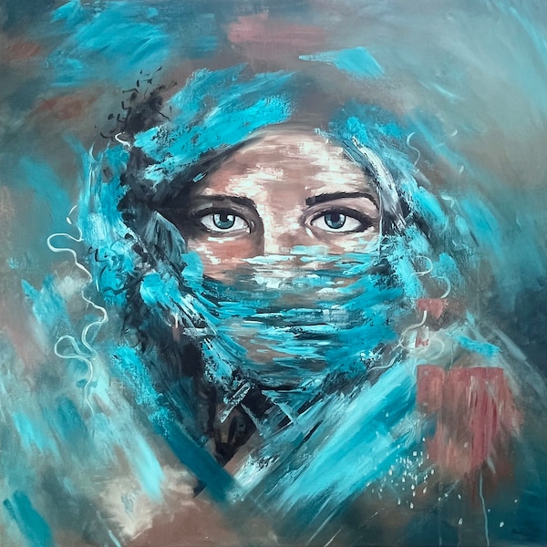 Muslim Woman in Turquoise Burqa: Abstract Portrait | Piercing Blue Eyes | Expressive Wall Art for Interiors | Uncoated Poster