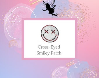 EMOJI aufbügel AUFNÄHER, Kreis APPLIQUE, Tote Bag Patches, Smiley-Gesicht mit Kreuz-Augen lustig gestickt