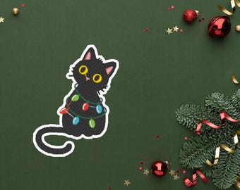 Holiday Patch - Embroidered Black Cat with Christmas Lights  – Chrismas Iron-On