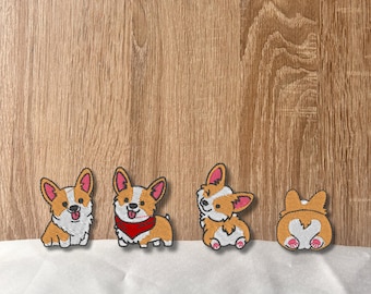 Mini Corgi Patch Set – 4 gestickte Aufnäher mit niedlichen Corgi-Motiven, ca. 4 cm hoch, einzeln oder im Set erhältlich