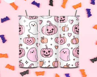 Too Cute to Spook Tumbler - 20 oz Edelstahlbecher mit süßen Halloween-Mustern, Sublimiert, Spülmaschinenfest, inkl. Strohhalm und Deckel