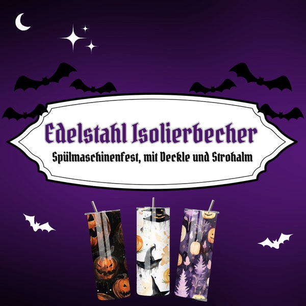 Watercolour Halloween Muster  | 590-ml-Edelstahlbecher mit Deckel und Strohhalm | Isolierend | spülmaschinenfest | Eternally Eerie Emporium