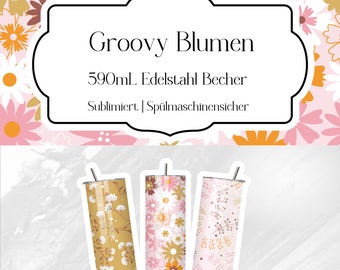 Groovy Hippie Blume Muster Becher | 590-ml-Edelstahlbecher mit Deckel und Strohhalm | Isolierend | spülmaschinenfest