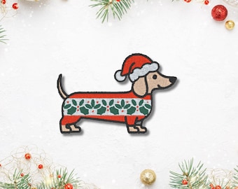 Bestickter Aufnäher „Weihnachts-Dackel“ – 8 cm | Hund mit Weihnachtsmütze | Bügelpatch, Aufnähbar oder Klett | Christmas Dog Patch