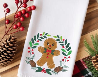 Gingerbread Man Wreath Kitchen Towel, Holiday Decor,, Kitchen Linen, Christmas Baking Gift