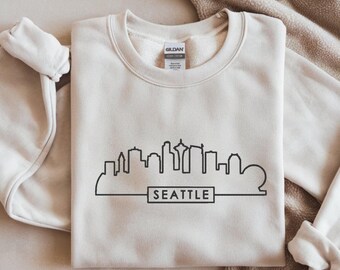 Seattle Skyline Sweatshirt, bestickter Gildan 18000 Pullover, Unisex Stadt Pullover, Minimalistische Stickerei, USA Reise Geschenk