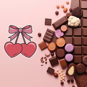Puede incluir: Un fondo rosa presenta una variedad de chocolates y caramelos. Una gran barra de chocolate negro está a la derecha. Varios chocolates, trufas y caramelos están dispersos. Un par de cerezas rojas en forma de corazón con un lazo rosa están a la izquierda.