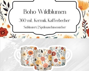 Boho Blumen Kaffeebecher | 360 ml Keramik Kaffeetasse | Sublimiert & spülmaschinenfest