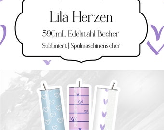 Lila Herzen-Muster | 590-ml-Edelstahlbecher mit Deckel und Strohhalm | Isolierend | spülmaschinenfest