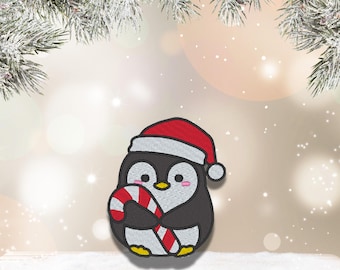 Christmas Patch| Penguin with Candy Cane | Embroidered Winter Applique - Iron On / Hook & Loop