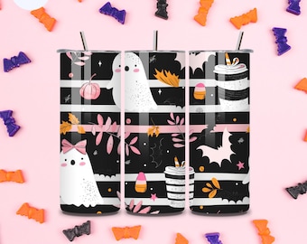 20 oz Edelstahlbecher mit niedlichen Pink & Schwarz  Halloween-Mustern, Sublimiert, Spülmaschinenfest, inkl. Strohhalm und Deckel