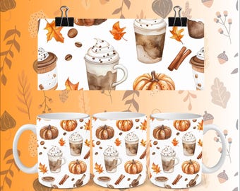 Aquarell Pumpkin Spice Tassen - 11 oz Sublimierte Kaffeetassen mit Kürbissen und Latte-Motiven, Spülmaschinenfest