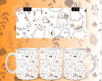 Retro Hippie Halloween Tassen - 11 oz Kaffeetassen mit bunten Retro-Halloween-Mustern, Sublimiert und Spülmaschinenfest