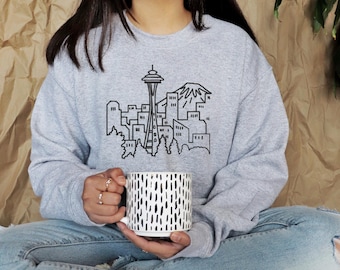 Seattle Skyline Sweatshirt, Gildan 18000 Pullover, Unisex Stadt Pullover, Minimalistische Stickerei, USA Reise Geschenk