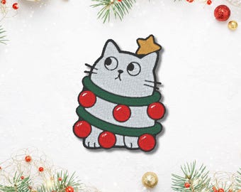 Weihnachtskatze Aufnäher – Lustiger Katzen Patch mit Weihnachtskugeln, ca. 8 cm, bestickt