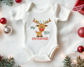 Baby Onesie "My First Christmas" – unisex, weiche Baumwolle, Kurzarm oder Langarm, Red & Brown