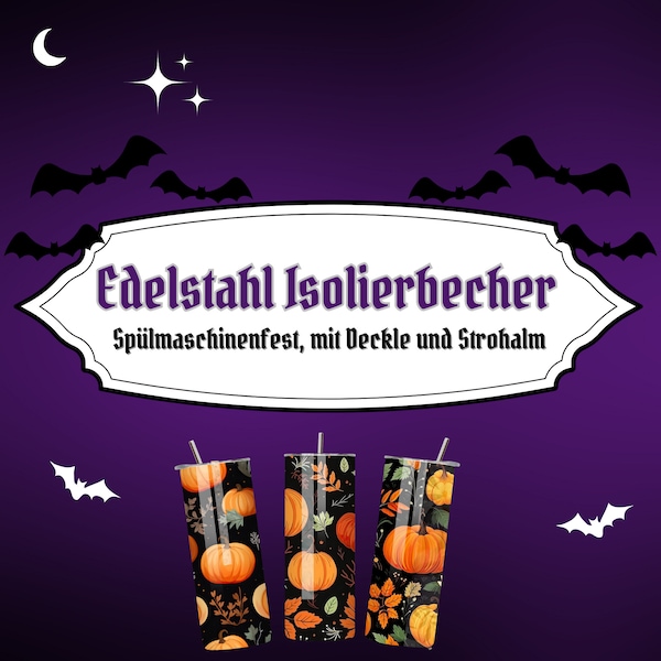 Black & Orange Pumpkins | 590-ml-Edelstahlbecher mit Deckel und Strohhalm | Isolierend | spülmaschinenfest | Eternally Eerie Emporium