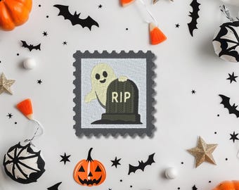 Geister-Aufnäher mit Grabstein – ca. 8 cm hoch – Halloween Stickpatch