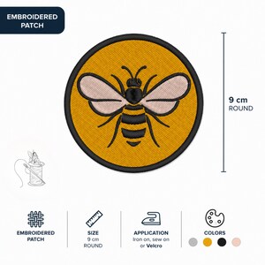 Bestickter Bienen Aufnäher, 9 cm rund, gelb schwarz, Klett oder Bügelbild