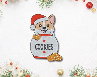 Weihnachts Corgi Aufnäher – Lustiger Hunde Patch mit Keksen, ca. 8 cm, bestickt