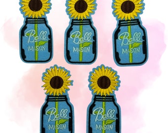 EMOJI aufbügel AUFNÄHER, Kreis APPLIQUE, Tote Bag Patches,Maschinengestickter Aufnäher - Sonnenblume im Einmachglas