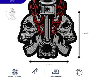 Puede incluir: Parche bordado con diseño de calavera, pistón y llamas rojas. El parche mide 22 cm de ancho y 24 cm de alto. Se puede planchar, coser o pegar con velcro. Colores: negro, blanco y rojo.