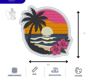 Puede incluir: Parche bordado con una escena de puesta de sol con una palmera, olas del océano y flores de hibisco. El parche mide aproximadamente 21,6 cm de ancho y 22,9 cm de alto. Se puede planchar, coser o fijar con velcro.