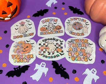 Retro Halloween Sticker Set - 5 Stück, Geister & Lustige Sprüche, Holografisch, Nostalgische Deko | Witzige Halloween Aufkleber