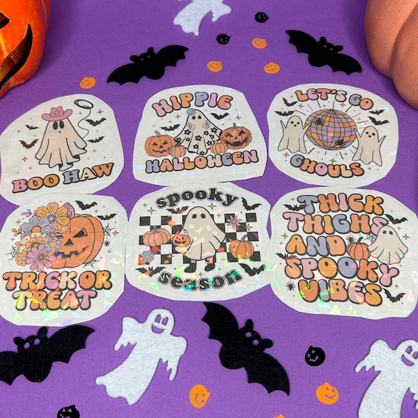 Retro Halloween Sticker Set - 5 Stück, Geister & Lustige Sprüche, Holografisch, Nostalgische Deko | Witzige Halloween Aufkleber