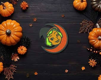Hexe Aufnäher – Vintage-Stil Stickpatch mit Halbmond – 5 cm Halloween Patch