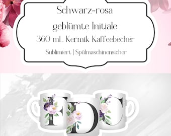 Individuelle Initiale Kaffeetasse |Schwarz/Rosa | Personalisiertes Geschenk 360 ml Keramik Kaffeetasse | Sublimiert & spülmaschinenfest