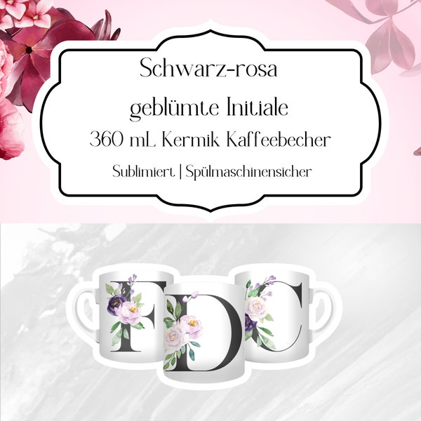 Individuelle Initiale Kaffeetasse |Schwarz/Rosa | Personalisiertes Geschenk | 360 ml Keramik-Kaffeetasse | Sublimiert & spülmaschinenfest