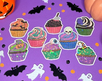 Enchanting Halloween Cupcake Aufkleber - Holografisch, Handgemacht, Zuckersüße Verzierung | Gruselige Aufkleber für Halloween | 8 Stück