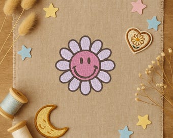 Smiley Blume Aufnäher – Retro Daisy Patch | 6 cm Stickerei