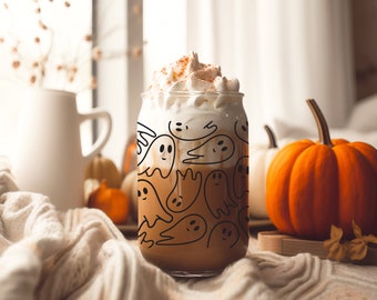 Iced Coffee Glas 530 ml | Halloween Herbst | Bambusdeckel Strohhalm  Trinkglas | Eiskaffeeglas mit Strohhalm | Halloween Deko