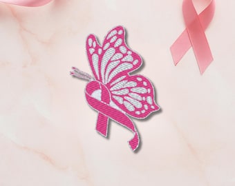 Bestickter Aufnäher – Schmetterling mit rosa Schleife | Brustkrebs Bewusstsein Patch | 7 cm hoch