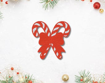 Bestickter Aufnäher „Zuckerstangen mit Schleife“ – 6 cm | Weihnachts-Patch | Bügelpatch, Aufnähbar oder Klett | Handmade Christmas Patch