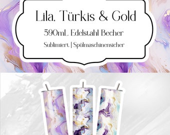 Lila, Türkis & Gold Marmor | 590-ml-Edelstahlbecher mit Deckel und Strohhalm | Isolierend | spülmaschinenfest