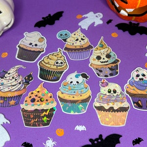 Holo Halloween Cupcake Sticker Set - 9 glänzende Aufkleber | Halloween Cupcake Aufkleber | Holographisch