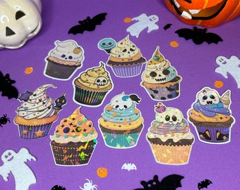 Holo Halloween Cupcake Sticker Set - 9 Glänzende Aufkleber | Halloween Cupcake Aufkleber | Holographisch