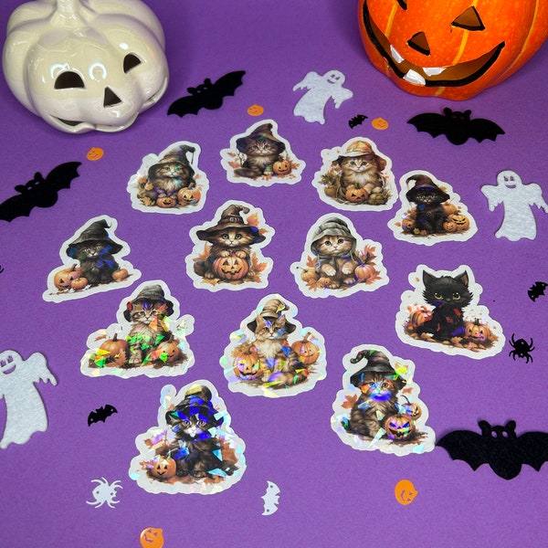 Magisches Halloween Katzen Sticker Set - 12 wundervolle holografische Aufkleber