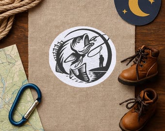Angeln Patch – bestickter Aufnäher mit Fisch & Angler-Silhouette, 8 cm breit, für Angeltasche, Cap oder Weste
