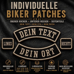 Può includere: Sfondo in pelle nera con toppe da motociclista personalizzate. Le toppe mostrano il testo "DEIN TEXT" e "DEIN ORT" in lettere dorate. Il testo aggiuntivo include "LINKS" e "RECHTS" in oro. Dimensioni disponibili da 10 cm a 25 cm.