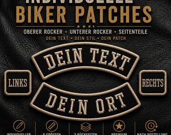 Puede incluir: Fondo de cuero negro con parches de motorista personalizados. Los parches muestran el texto "DEIN TEXT" y "DEIN ORT" en letras doradas. El texto adicional incluye "LINKS" y "RECHTS" en dorado. Tamaños disponibles de 10 cm a 25 cm.