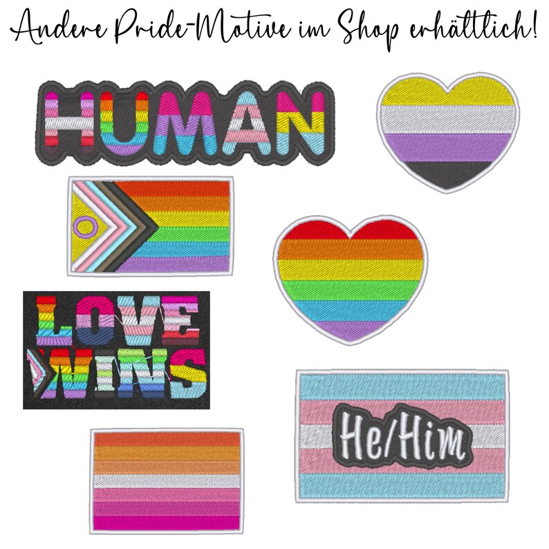 May include: A set of six embroidered iron-on patches featuring various pride flags and slogans. The patches include a rainbow heart, a transgender flag heart, a genderqueer flag heart, a rainbow flag, a genderfluid flag, and a black patch with the text "LOVE WINS" in rainbow colours. The patches are all approximately 7.6 cm in diameter.